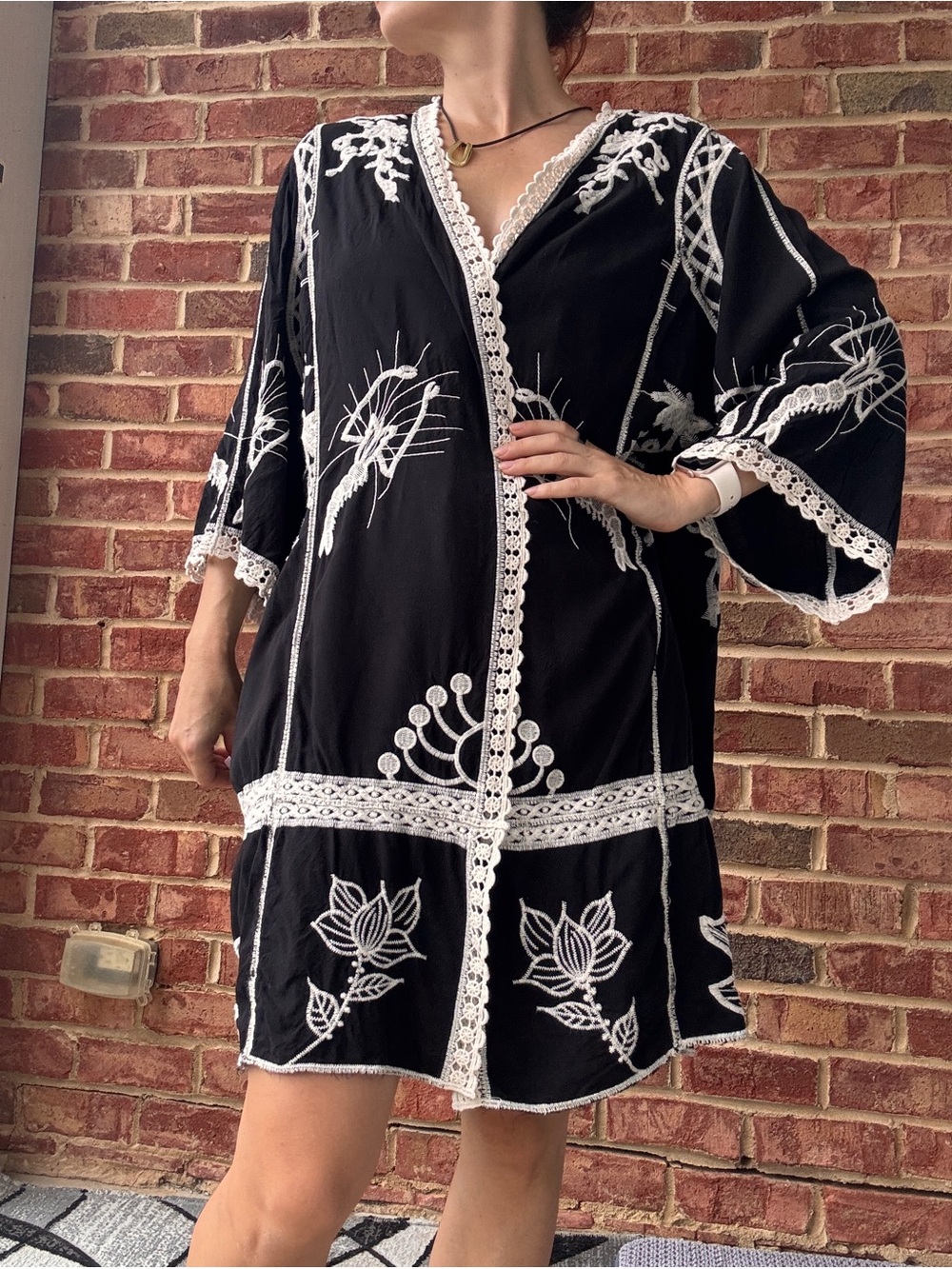 Black Embroidered Cotton Kaftan - White Stitching kimono. Cover up